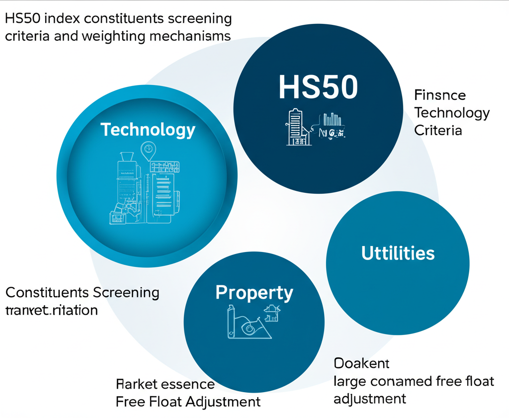 HS50指數成分股篩選標準與權重機制,涵蓋金融、科技、地產與公用事業,圖示大型企業與自由流通調整的市場結構