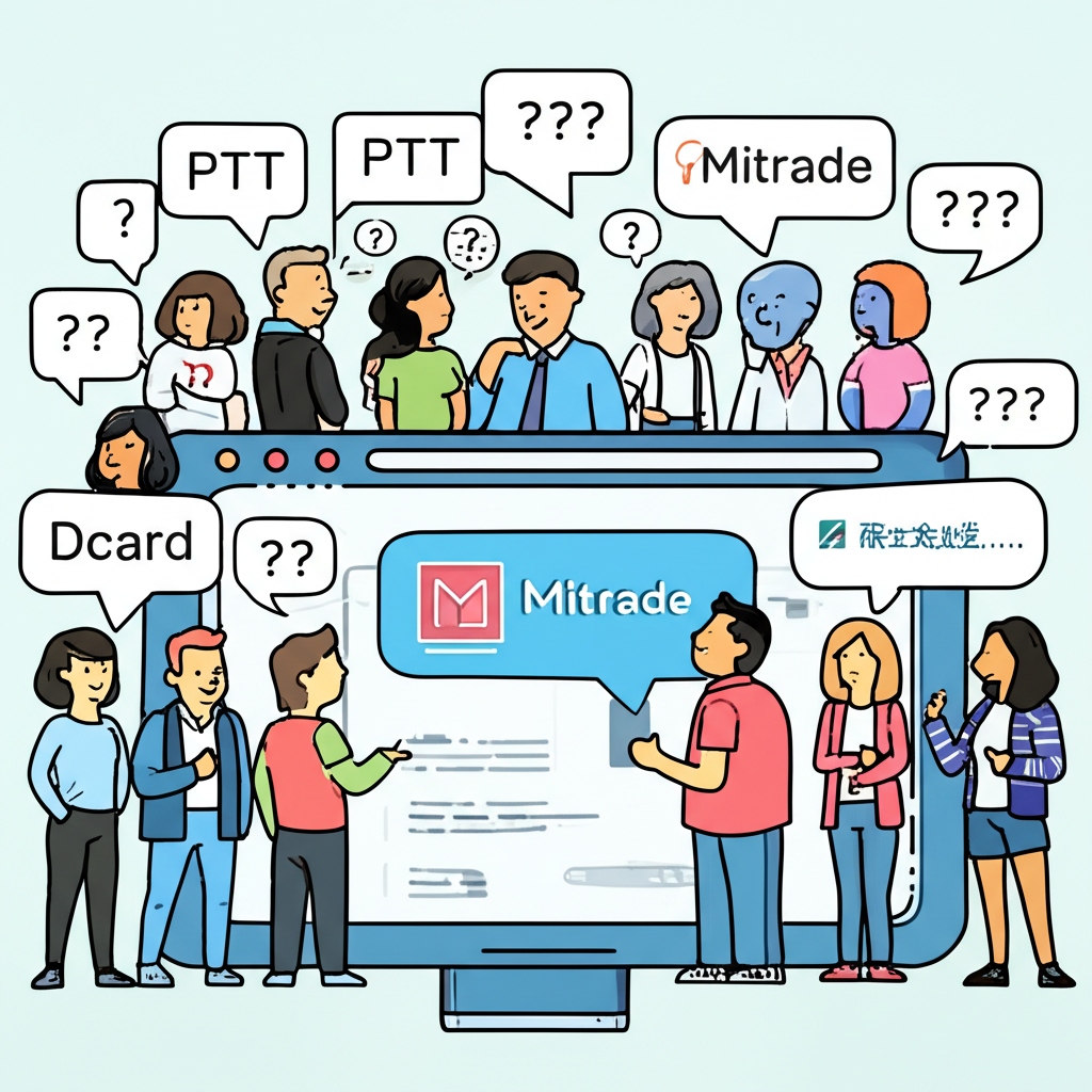插畫:代表PTT與Dcard使用者的多樣卡通人物圍繞在數位論壇周圍,討論Mitrade的安全性與合法性,頭上充滿問號與對話框