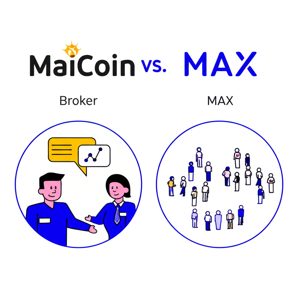 插圖展示 MaiCoin 作為經紀商與用戶直接交易,MAX 則是多人在平台上撮合交易的場景
