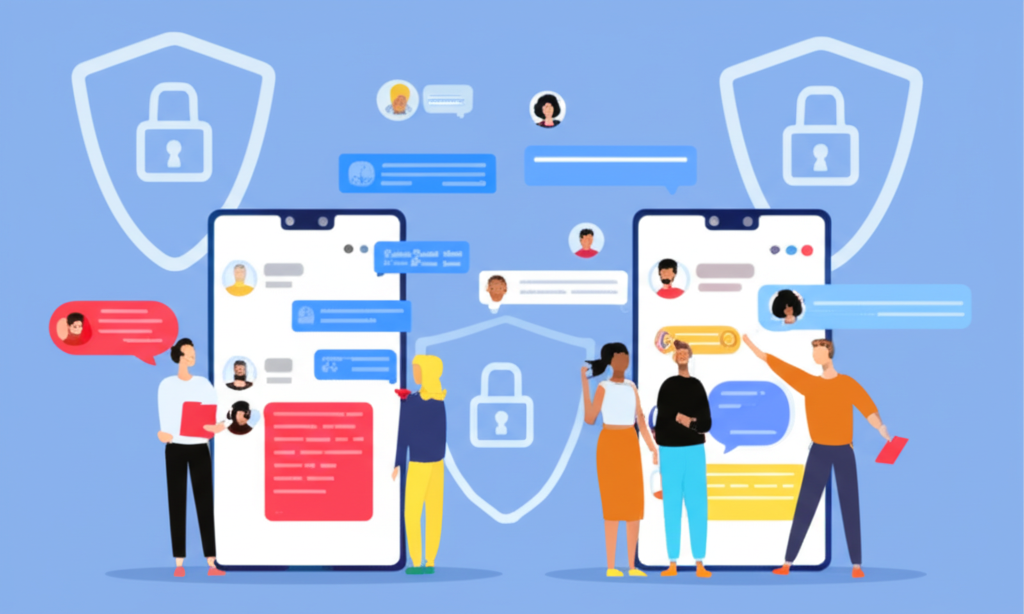 多元用戶在活躍的 Telegram 群組聊天中互動,分享資訊並建立連結,背景帶有數位安全防護的隱喻,象徵潛在風險與安全防護