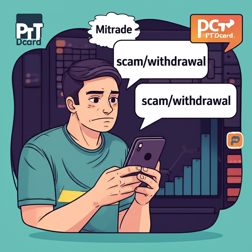 插畫:一名困惑的人拿著智慧型手機,畫面中有Mitrade與詐騙、出金等對話框,周圍環繞PTT與Dcard標誌,背景為金融市場情境