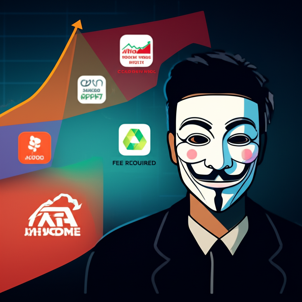 數位交易介面浮現五項警示訊號:誇張的獲利曲線、可疑的App圖示、模糊的公司標誌、要求繳費的彈跳視窗,以及戴面具冒充名人的詐騙者