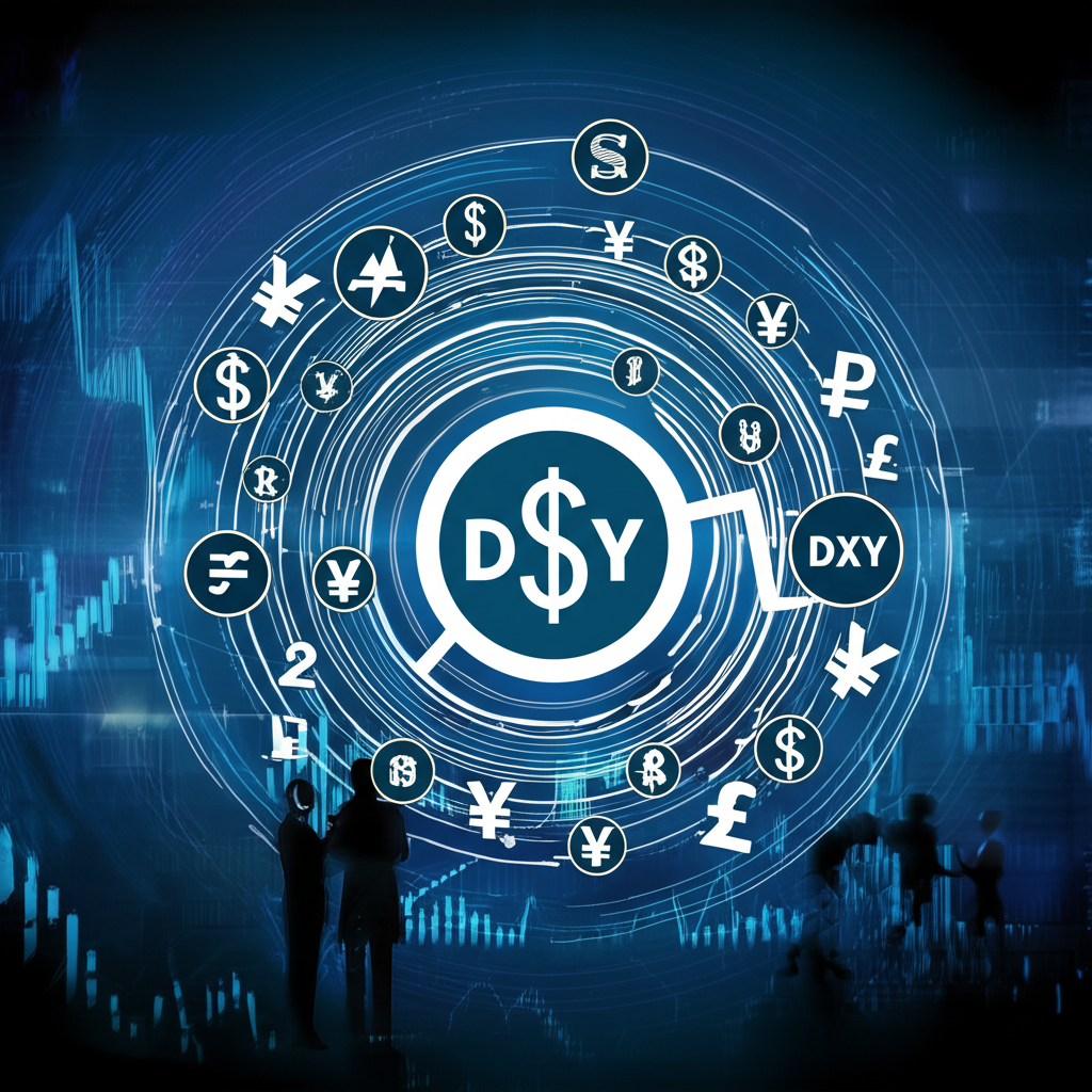全球金融市場中的美元指數DXY，周圍環繞各國貨幣符號，象徵其在全球匯率體系中的核心地位