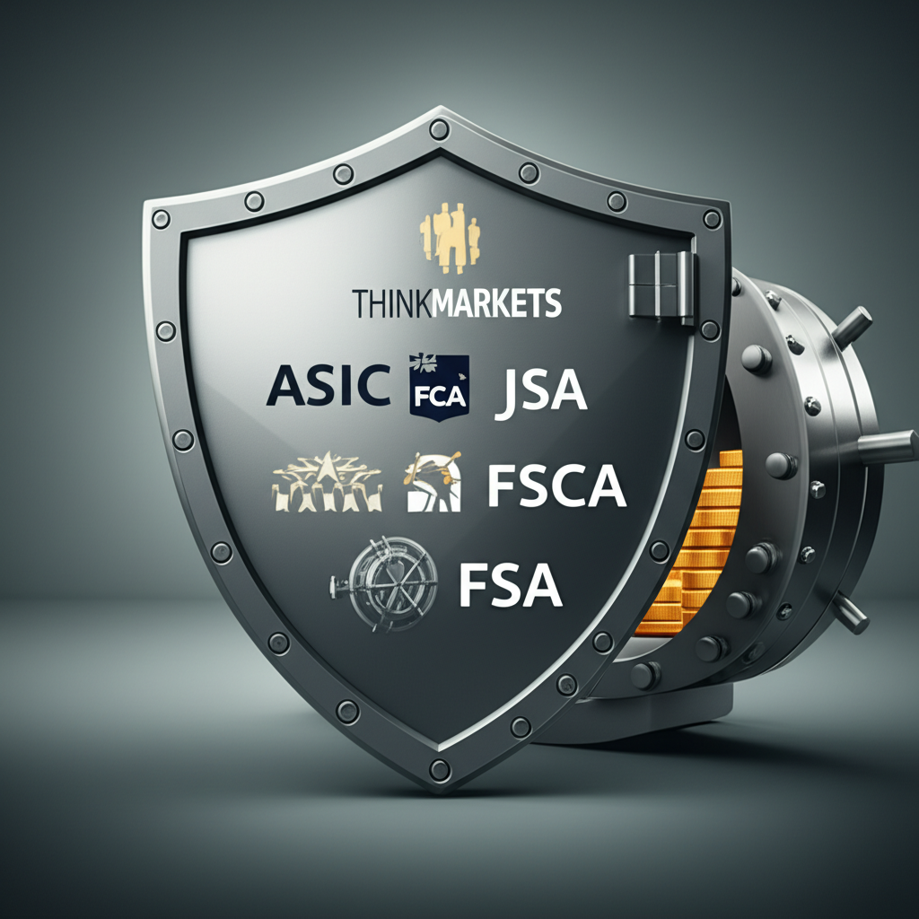 ThinkMarkets 多重監管保護示意圖，ASIC、FCA 等標誌象徵資金安全防護