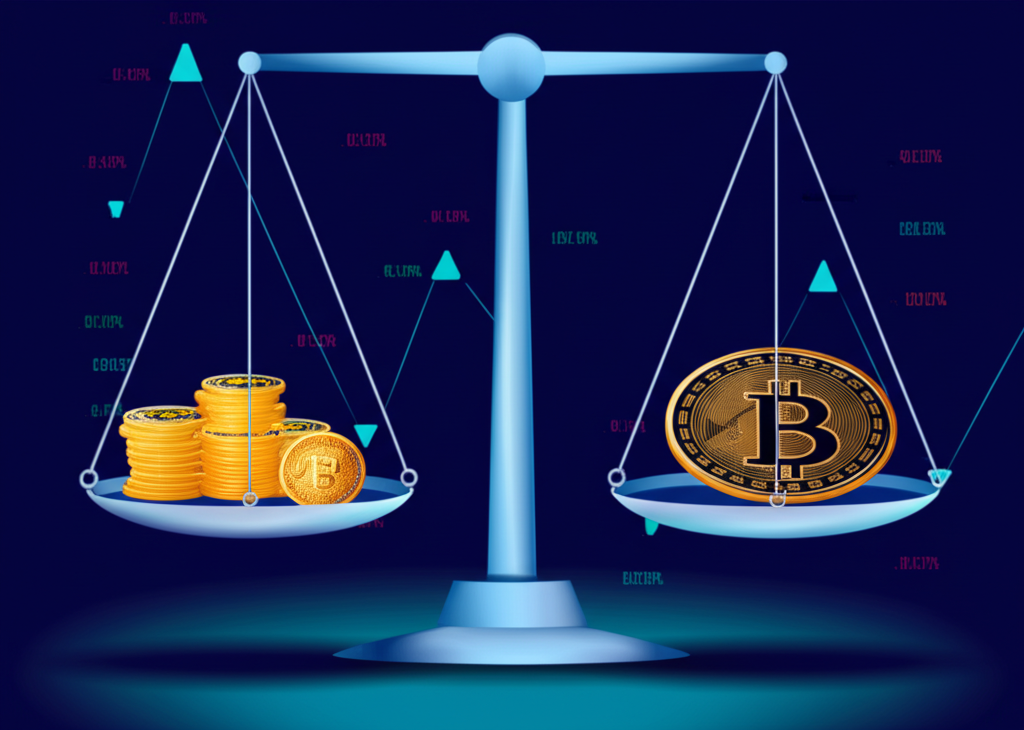 天平一端是BTC保證金,另一端是波動的價格圖表,呈現以加密貨幣計價的盈虧