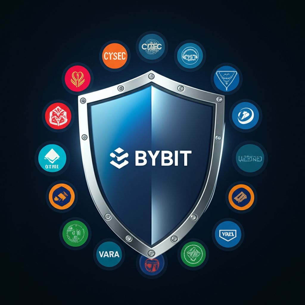 Bybit標誌受盾牌保護,周圍環繞CySEC、VARA等監管機構標誌,象徵合規與合法運作