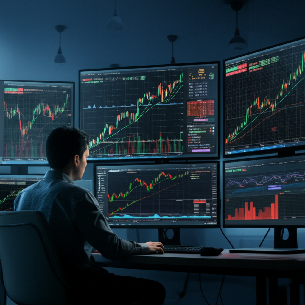 交易者使用 TradingView 分析台指期市場,多螢幕顯示高槓桿、高流動性、雙向交易的期貨走勢圖