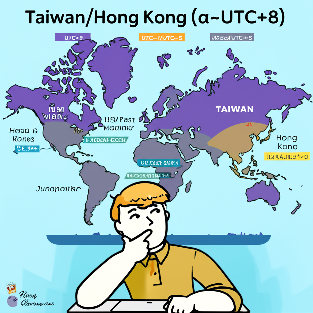 全球時區對照圖顯示台灣香港與美國東岸時間差異