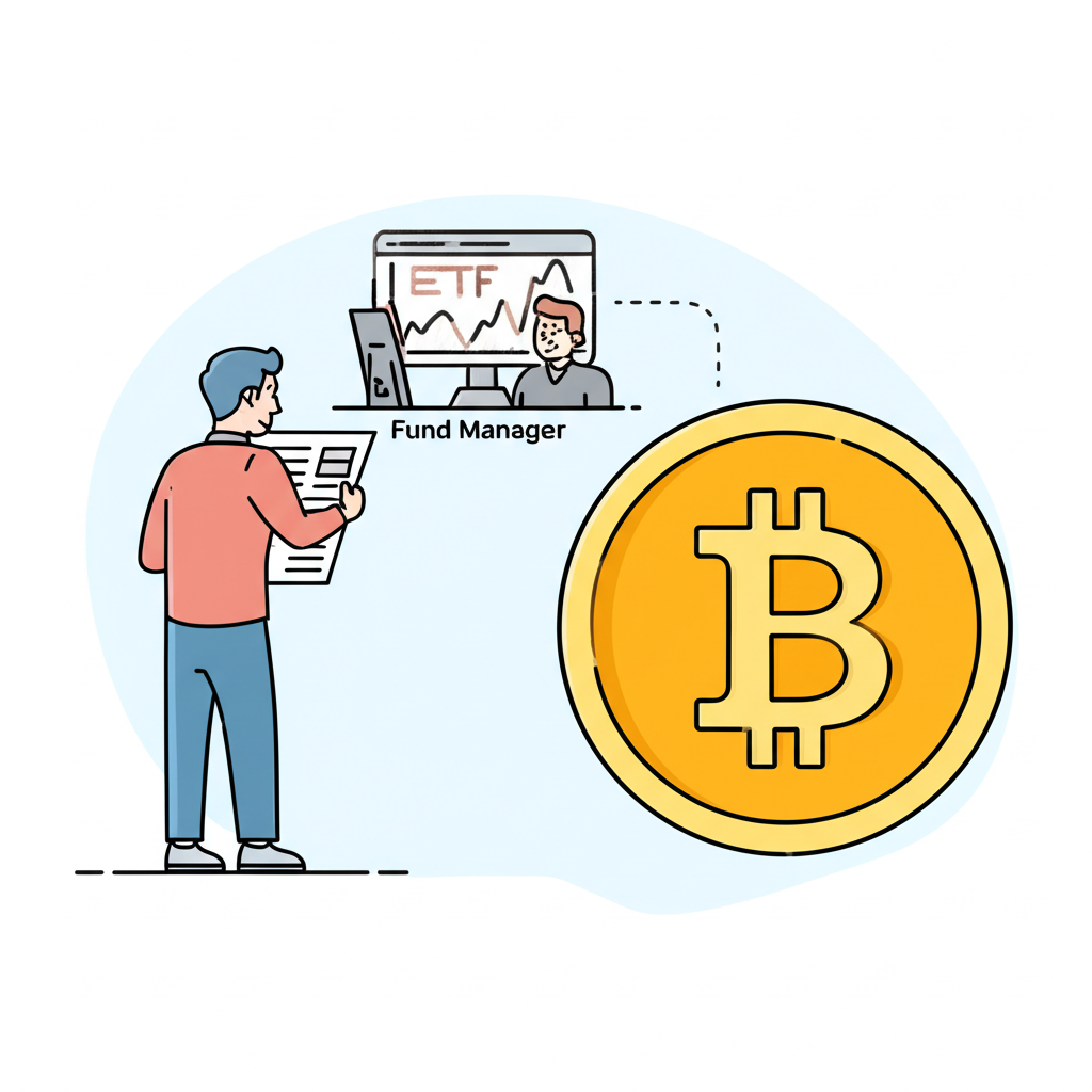 比特幣ETF運作原理示意圖:投資者透過ETF連結比特幣價格