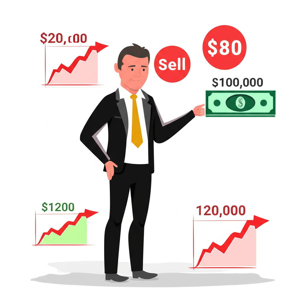 投資人賣出1000股每股100元,若跌至80元可賺2萬,若漲至120元則虧2萬的短空情境圖示
