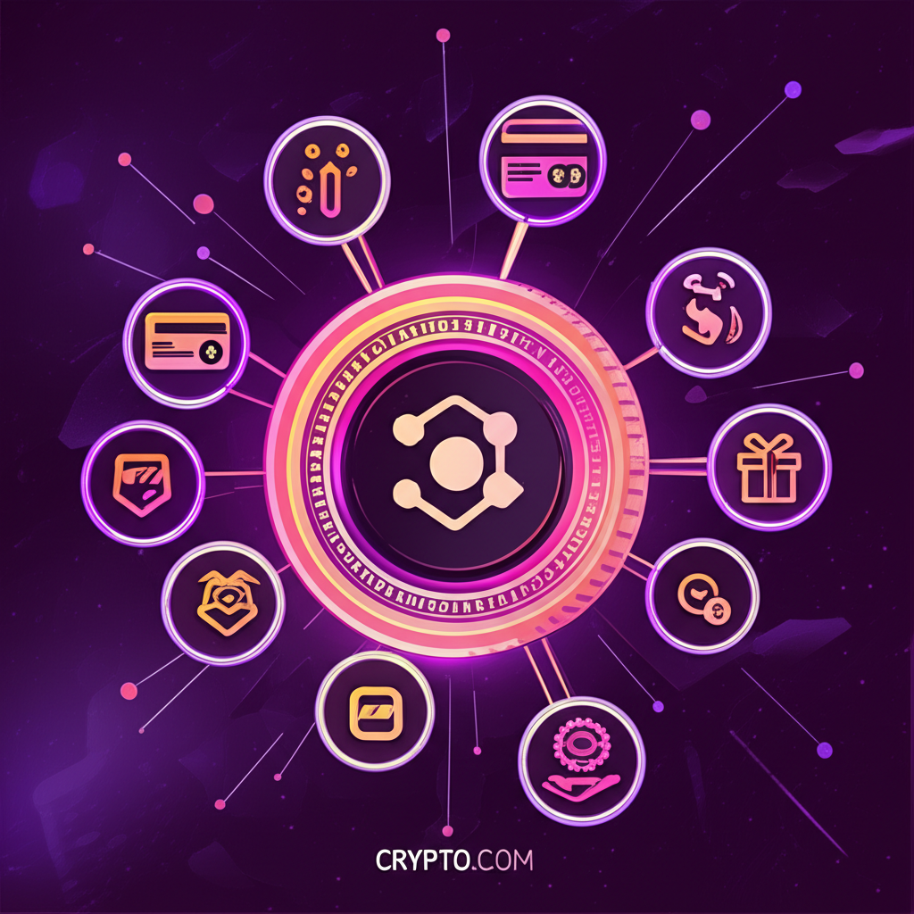 CRO 幣作為 Crypto.com 生態系統核心,串聯質押、支付與專屬福利的動態示意圖