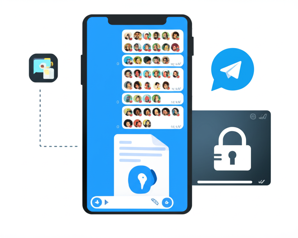 展示 Telegram 多樣功能的插圖,包含大型群組聊天、加密秘密對話與大檔案傳輸