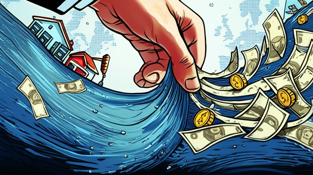 中央銀行將流動性從全球金融市場中抽回的插畫示意圖
