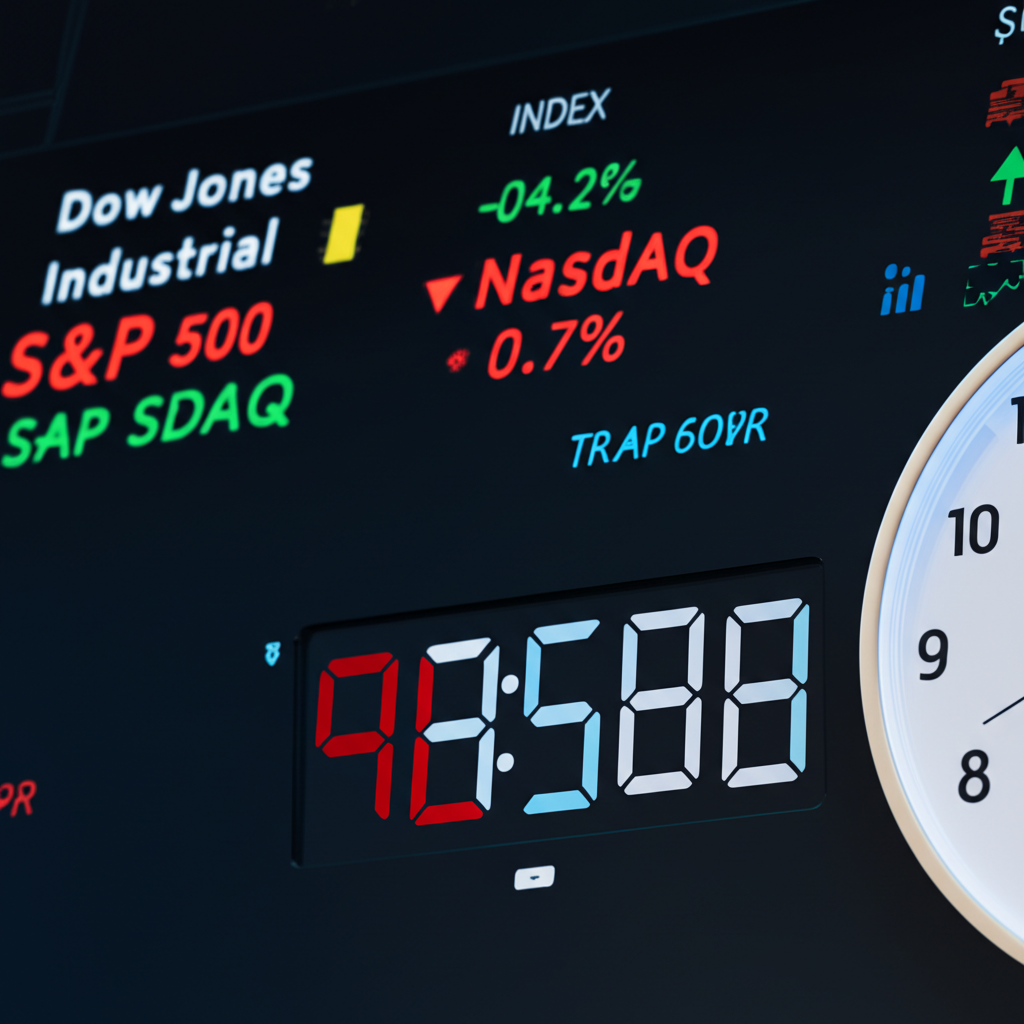 美股三大指數即時盤面示意圖,包含道瓊、S&P 500與那斯達克走勢與交易時段標示