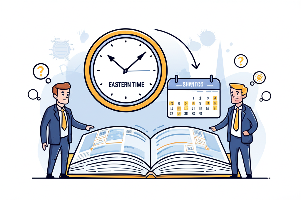 顯示美國東部時間的時鐘與夏令冬令調整日曆,呈現跨時區投資者因時間變化產生困惑的插畫