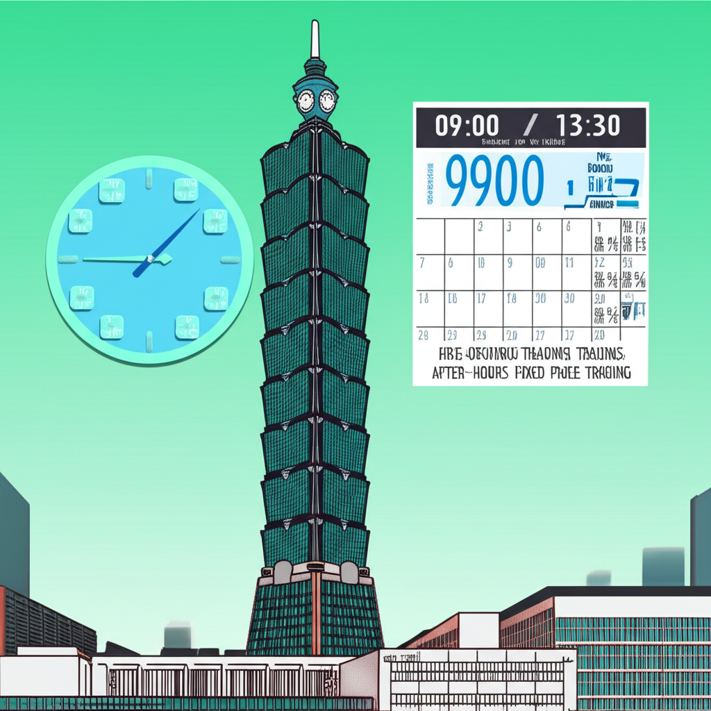 台灣證券交易所大樓與交易時鐘,標示09:00至13:30的盤中交易時間,並標註盤前競價、連續交易與盤後定價等階段