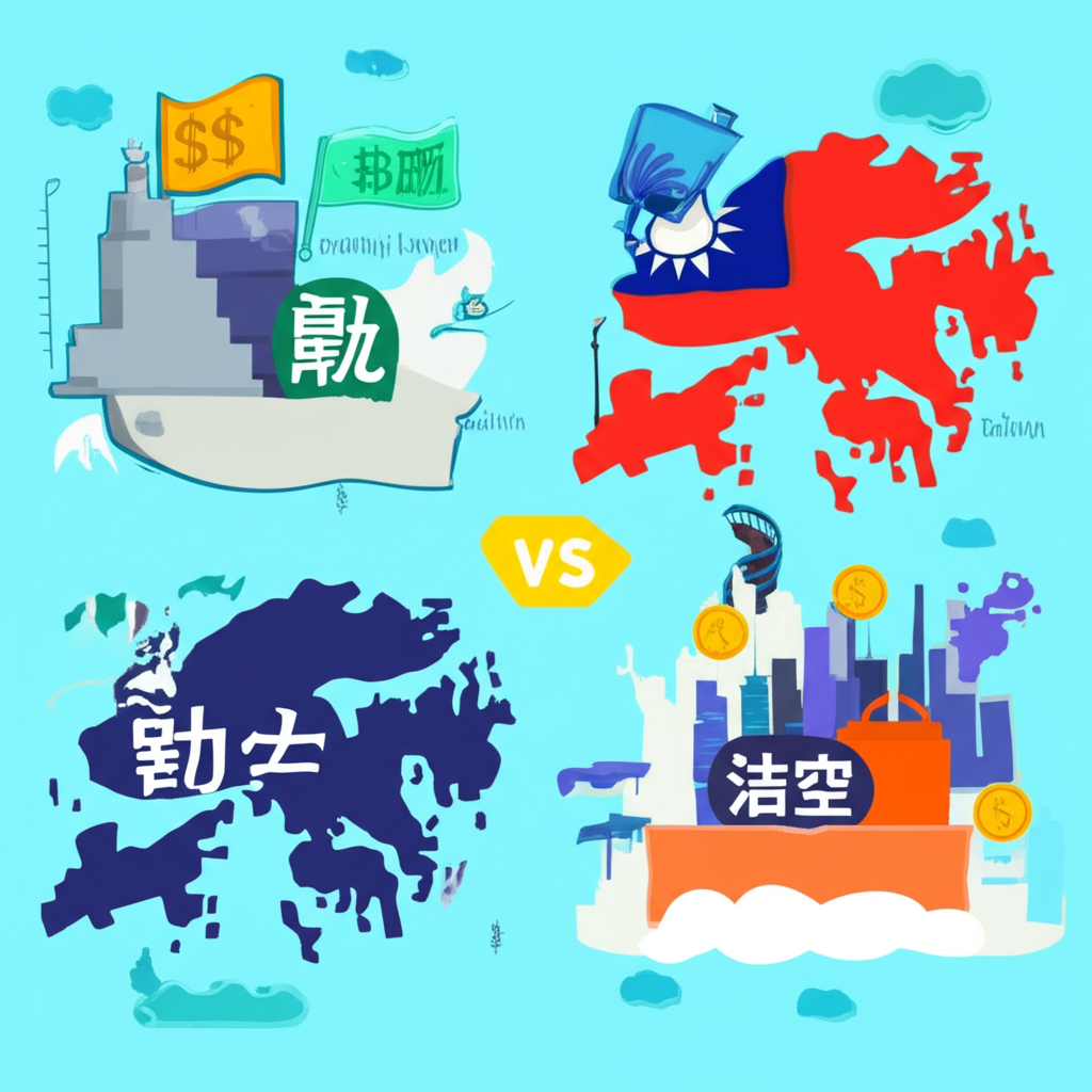 台灣融券與香港沽空制度比較圖示,呈現兩地金融市場特色與法規差異,地圖風格插畫