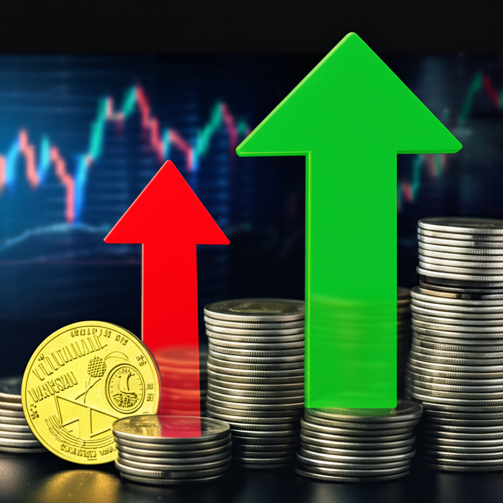 插畫:一枚小硬幣代表初始保證金,逐漸擴大成一疊高聳的硬幣,箭頭顯示在虛擬金融市場背景下,收益與虧損都被放大