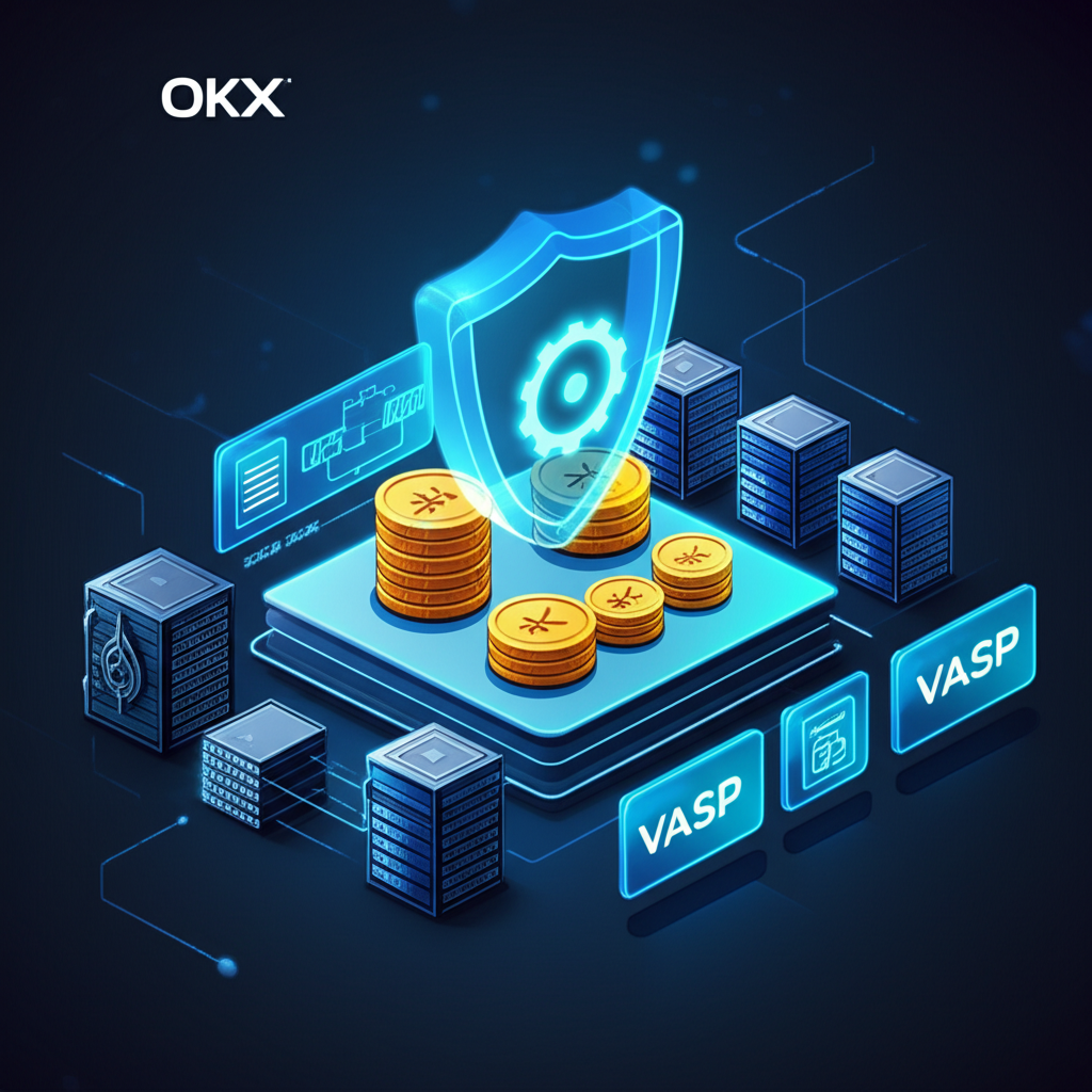 OKX安全數據中心示意圖,展示冷錢包金庫、合規文件與覆蓋用戶資金的透明防護罩