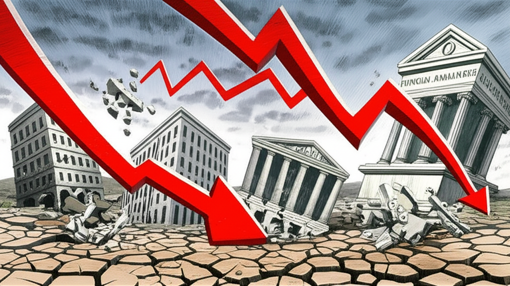 金融市場混亂場景插畫,顯示資產價格暴跌、金融機構崩潰與信用市場枯竭
