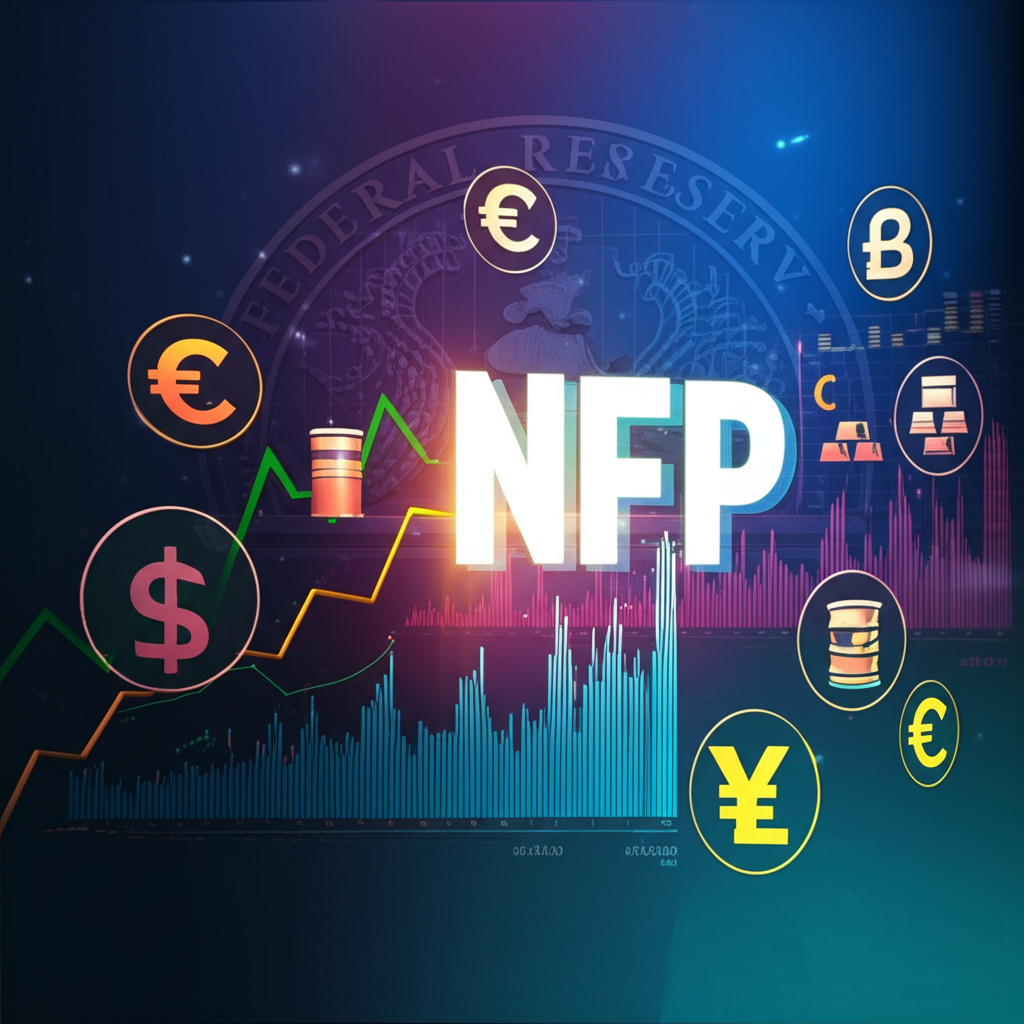 金融市場儀表板插圖,顯示非農就業數據發布時全球資產波動情況