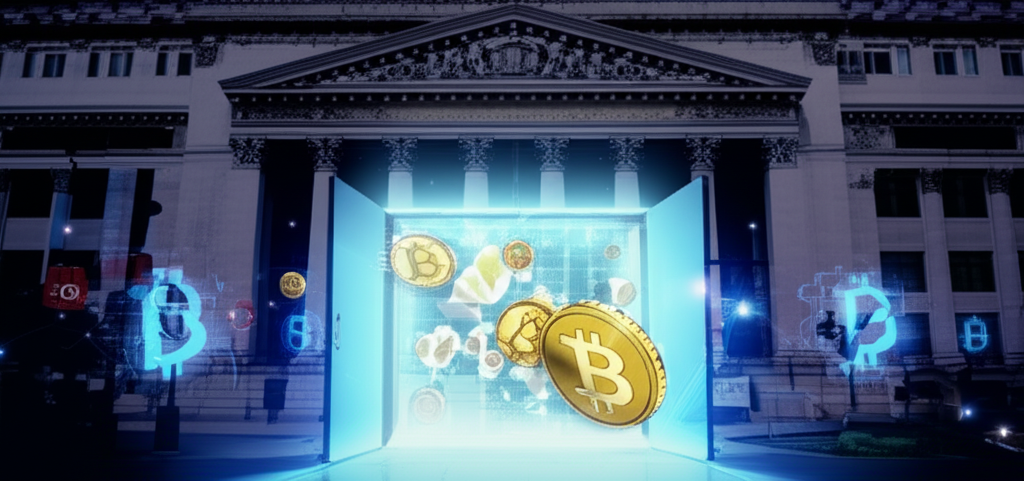 傳統金融市場與加密貨幣透過比特幣ETF融合的視覺概念圖