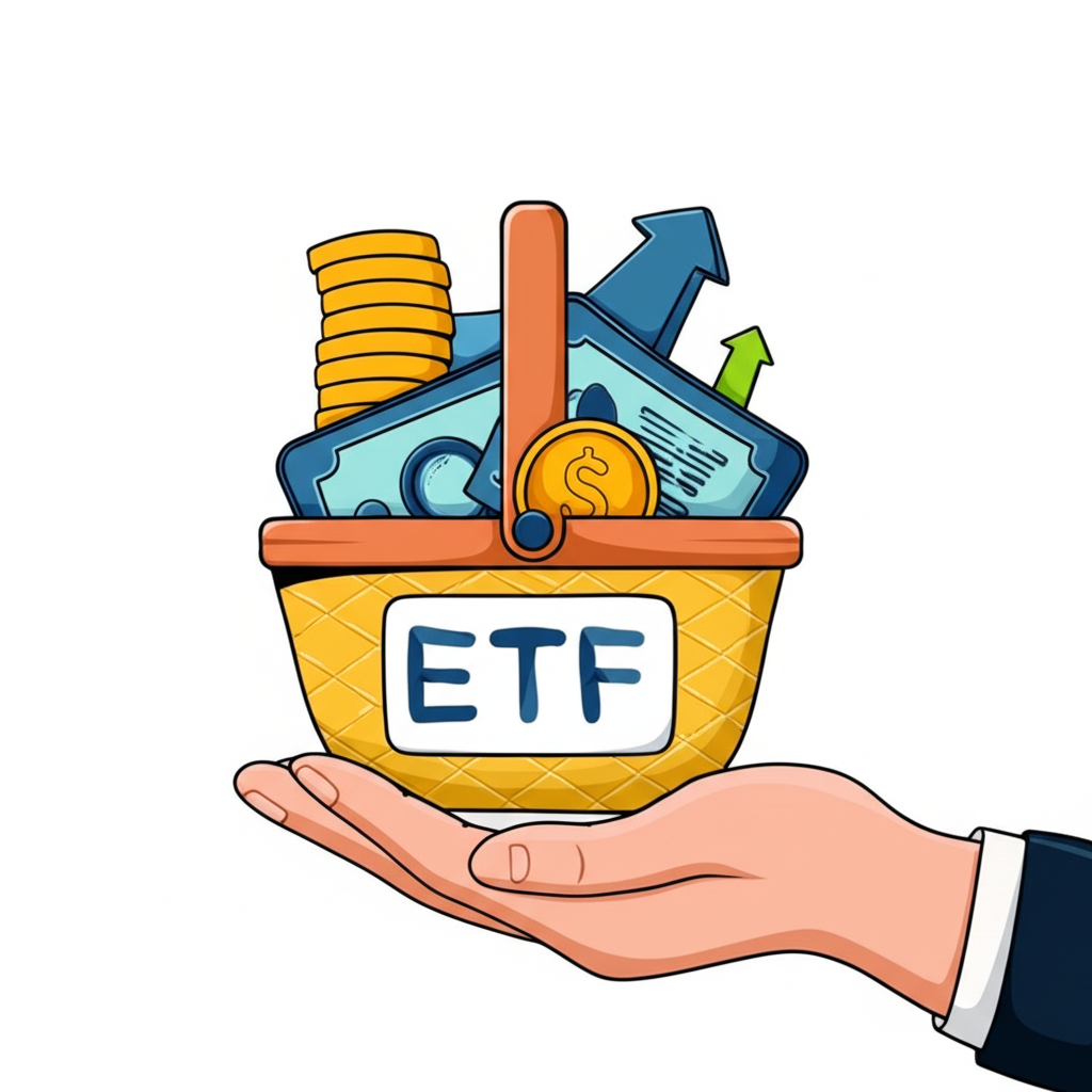 手持標示ETF的籃子,內含多支微型股票,代表多元投資與穩定報酬,適合初學者與風險規避型投資者