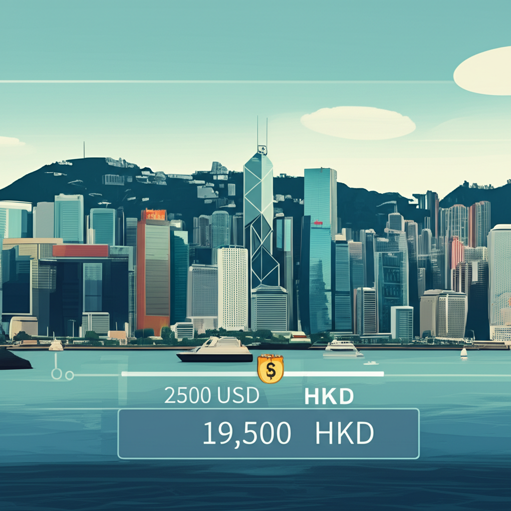 2500美元轉為19500港幣,背景為香港金融區天際線象徵聯繫匯率制度