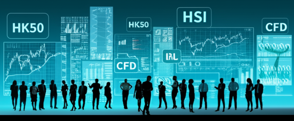 一群多元背景的投資者圍繞金融圖表與螢幕,周圍浮現 HSI 與 HK50 CFD 符號的插畫