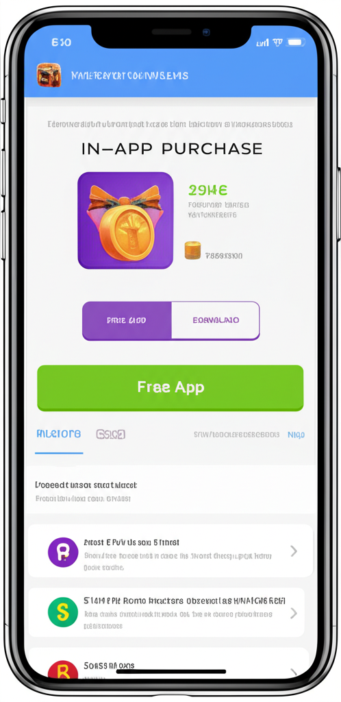 插畫顯示智慧型手機螢幕上一個免費App,畫面中明顯標示App內購買項目,如遊戲金幣包或進階功能按鈕,清楚區分免費下載與可選的內部消費