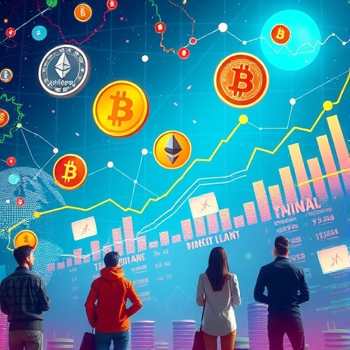 充滿活力的數位經濟景觀,展現虛擬貨幣交易、區塊鏈技術與金融科技融合的未來圖景