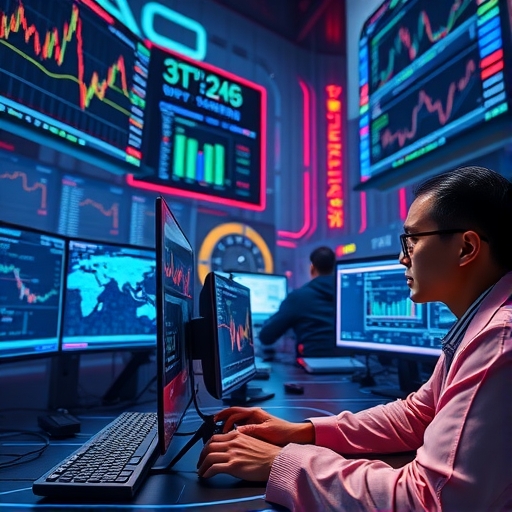 科技感十足的短線外匯交易場景,多螢幕顯示即時行情與分析圖表
