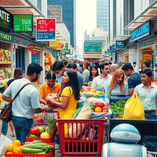 多樣化市集購物場景插畫，象徵CPI籃子內容