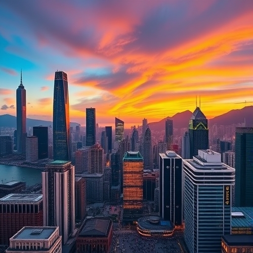 香港黎明時分的城市天際線,象徵金融市場的不眠交易