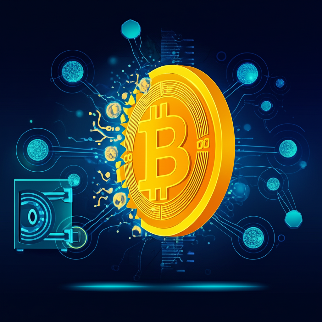 插畫風格:一枚實體金幣逐漸轉化為數位比特幣,周圍環繞區塊鏈元素、去中心化網絡節點與數位保險庫,象徵其數位黃金價值與核心特性