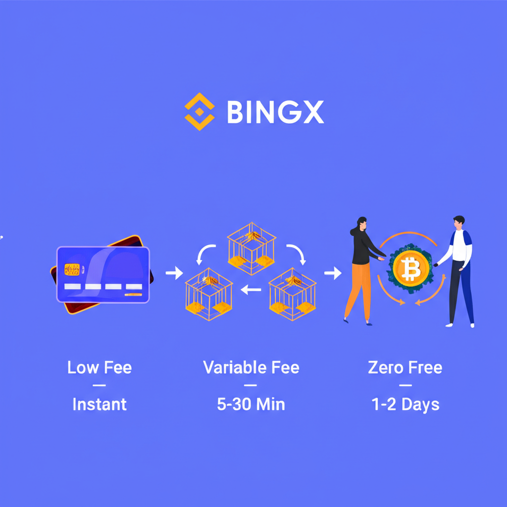 BingX 各種入金方式比較圖:信用卡、區塊鏈轉帳與點對點交易,標示手續費與時間
