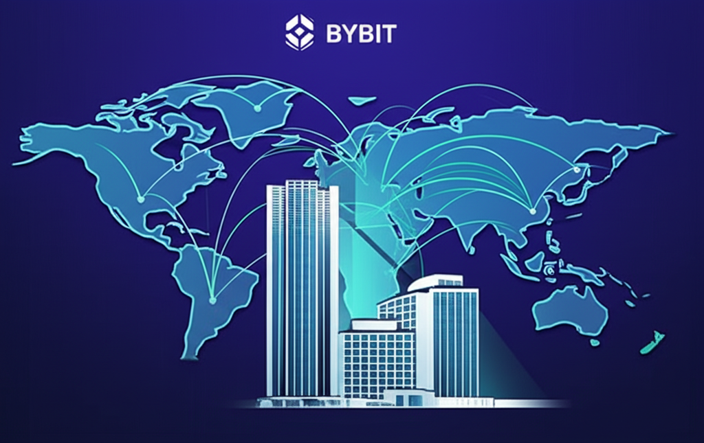 Bybit杜拜總部與全球用戶連結示意圖,展現其國際化布局與高效能交易平台