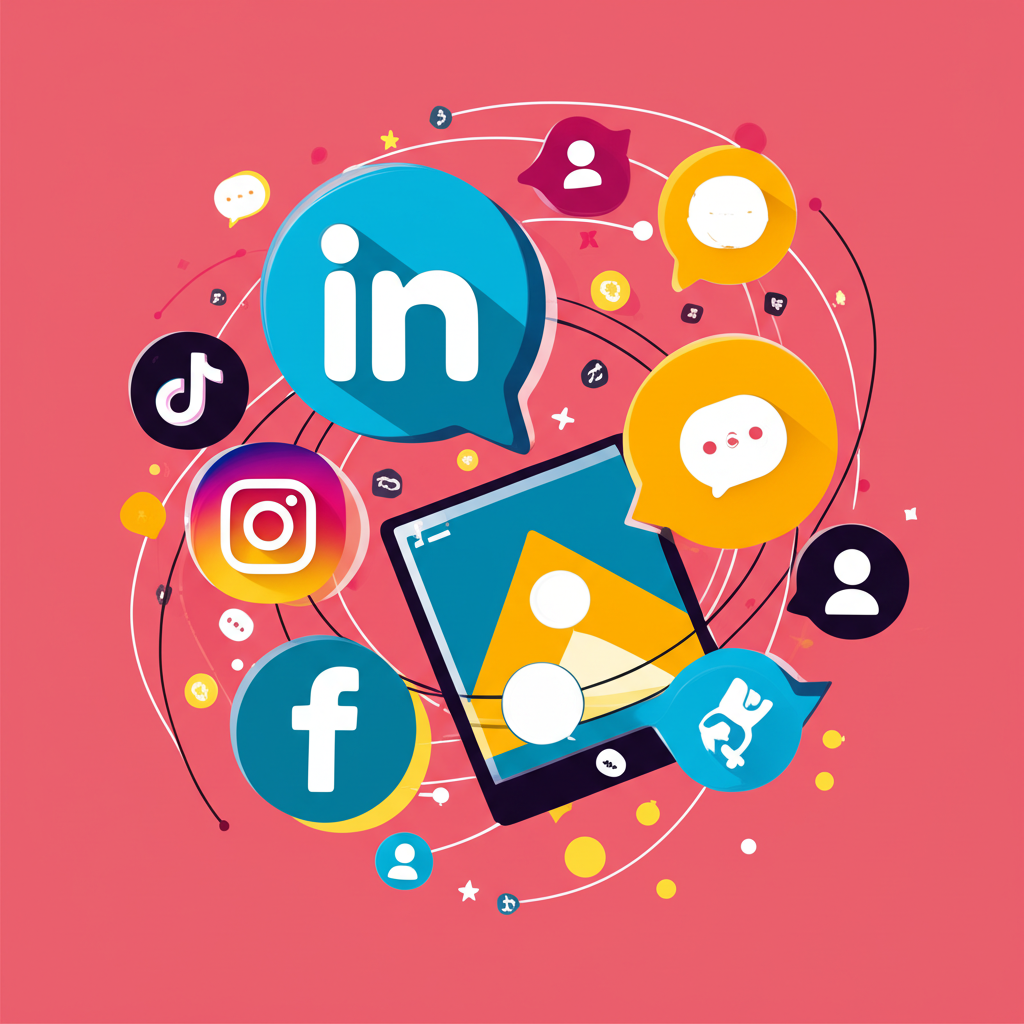 社群媒體行銷示意圖，呈現Facebook、Instagram、LinkedIn與TikTok等平台上的用戶互動、品牌對話與社群經營場景