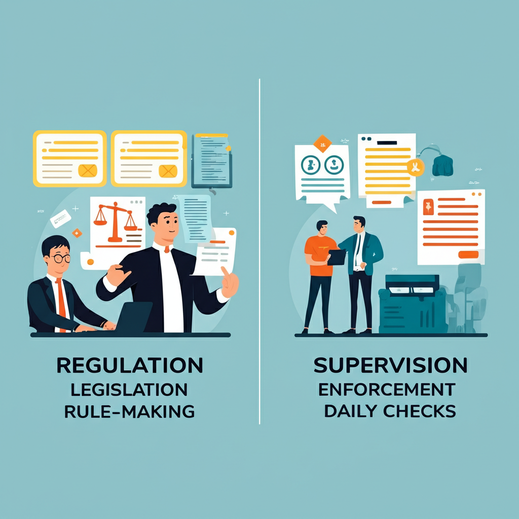 金融情境下區分Regulation(立法、制定規則)與Supervision(執行、日常檢查)的說明性插畫,包含立法者起草法規與檢查員審視銀行的視覺元素