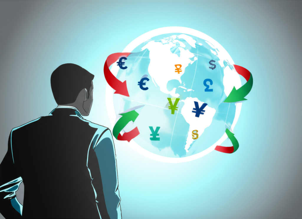 全球金融市場中的外匯交易,象徵機會與挑戰的插圖