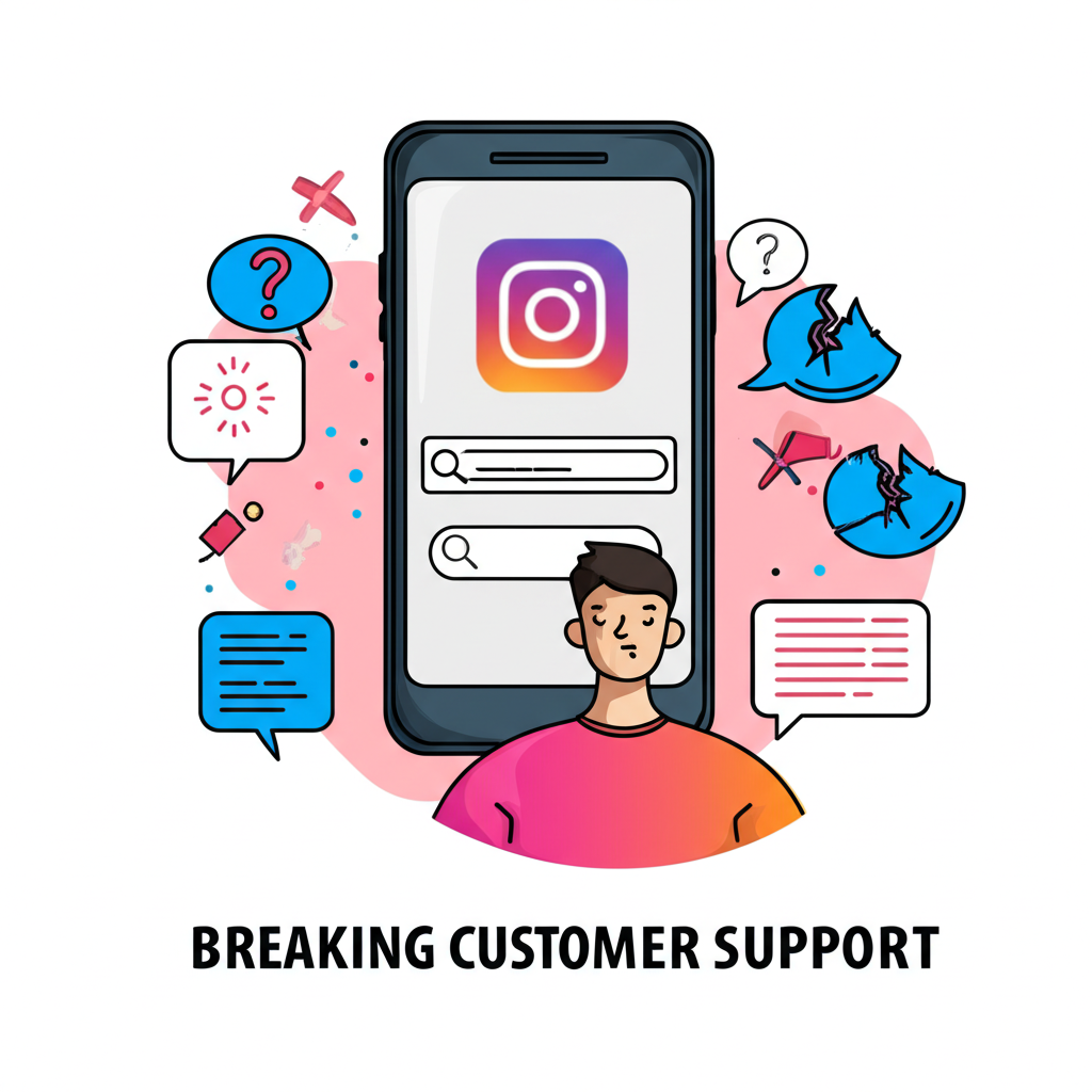 插圖:一名用戶困惑地盯著手機螢幕上的 Instagram 標誌,試圖尋找客服協助,卻發現沒有直接的人工支援管道,打破常見迷思