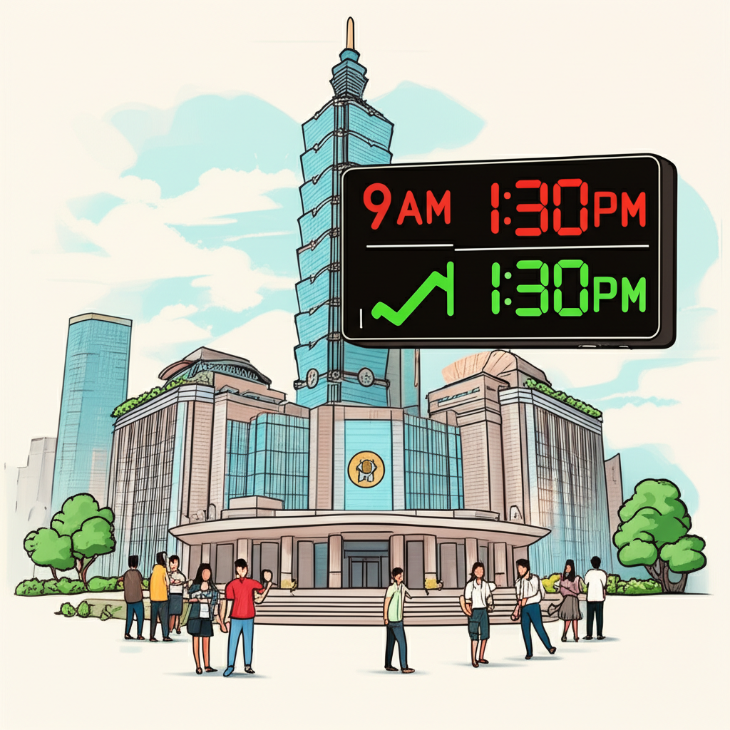台灣證交所大樓與顯示交易時間的數位時鐘,小額投資人參與盤中與盤後零股交易