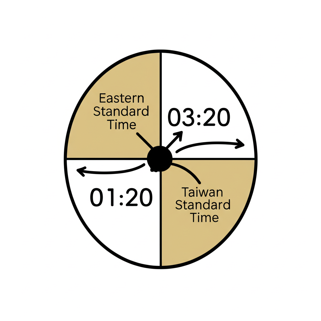 時鐘顯示美東時間與台灣時間,箭頭標示夏令時間調整,直觀呈現美股交易時段轉換的核心概念