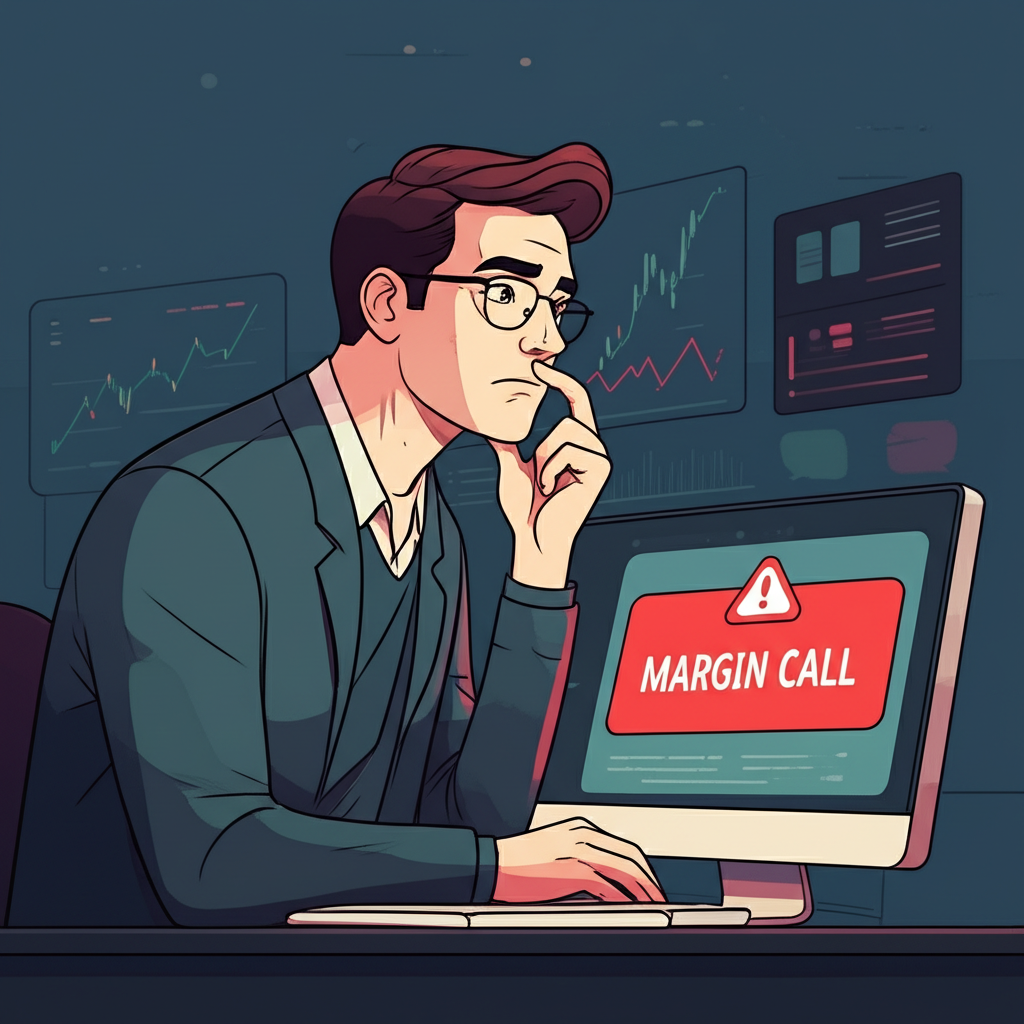 投資人收到交易平台上顯示『Margin Call』的紅色警報通知,表情焦慮,背景為金融市場場景
