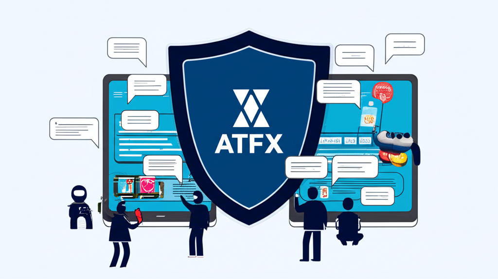 ATFX正規平台與假冒詐騙集團對比圖:盾牌象徵正規金融機構,陰影中的詐騙者偽造網站與APP,社群平台用戶討論紛紛
