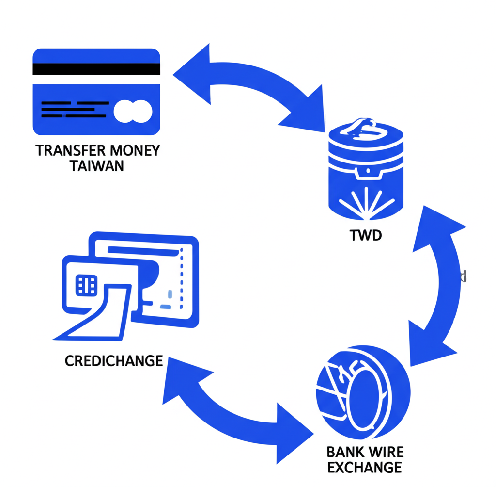 顯示台灣用戶使用信用卡、國際電匯等方式入金至Coinbase，以及透過本地交易所將加密貨幣兌換為新台幣的流程，周圍有手續費符號提醒成本考量