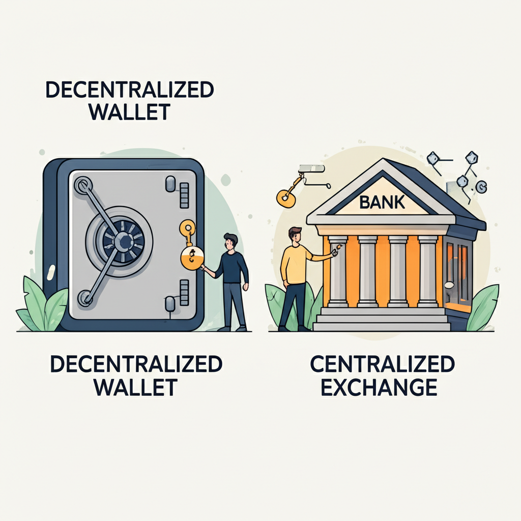 插畫對比去中心化錢包與中心化錢包:使用者手持金鑰打開保險箱,對比將金鑰交給銀行,呈現出加密金鑰與區塊鏈互動的差異,風格簡潔現代