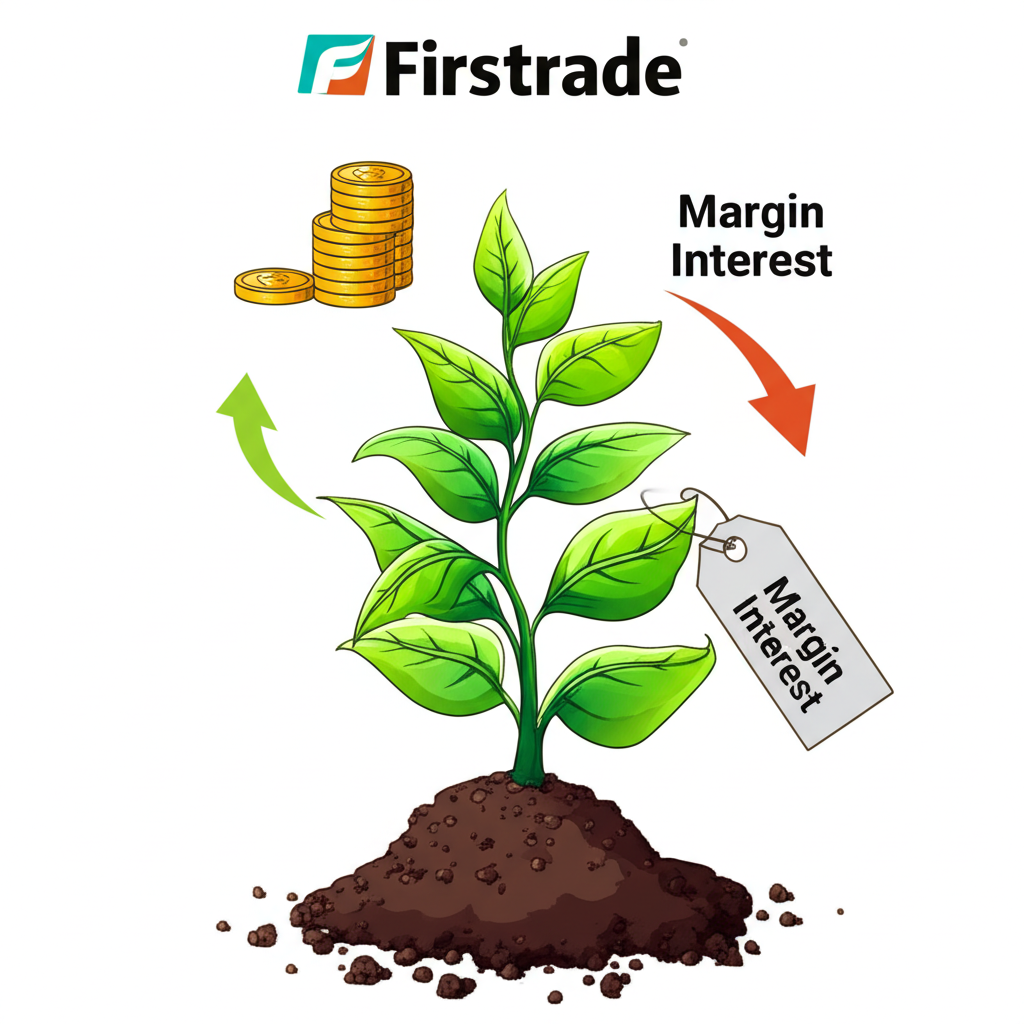 Firstrade帳戶中兩種資金流動示意圖:閒置現金產生利息如植物生長,融資則伴隨成本標籤