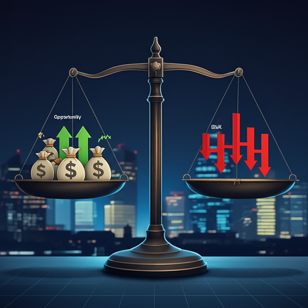 天平一側為機會(錢袋、上升箭頭),另一側為風險(下降箭頭、波動符號),象徵週末交易的雙面性