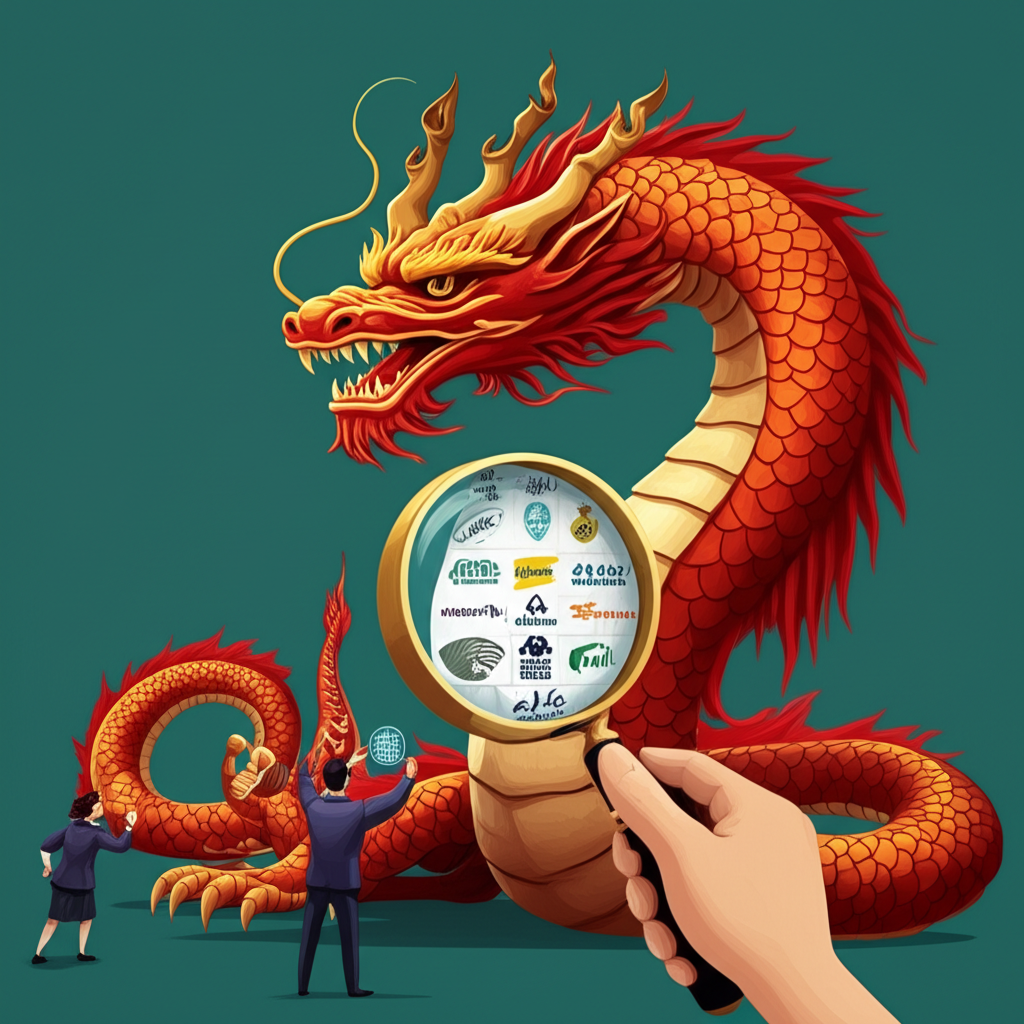 代表中國 A 股市場的巨龍,鱗片上標示 50 家龍頭企業標誌,國際投資者透過放大鏡觀察,象徵富時中國 A50 指數作為全球資金窺探中國市場的窗口